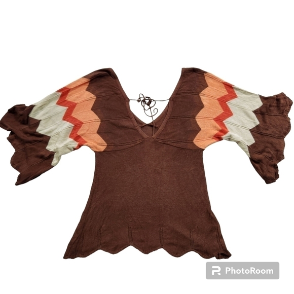 Y2K Studio Y Brown Chevron Deep V Knit Top - Picture 4 of 6